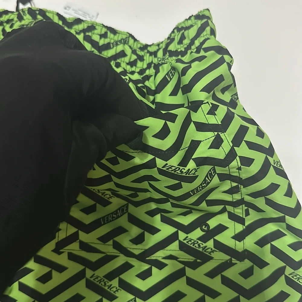 New Authentic VERSACE Green/Black Logo Print Swim Shorts